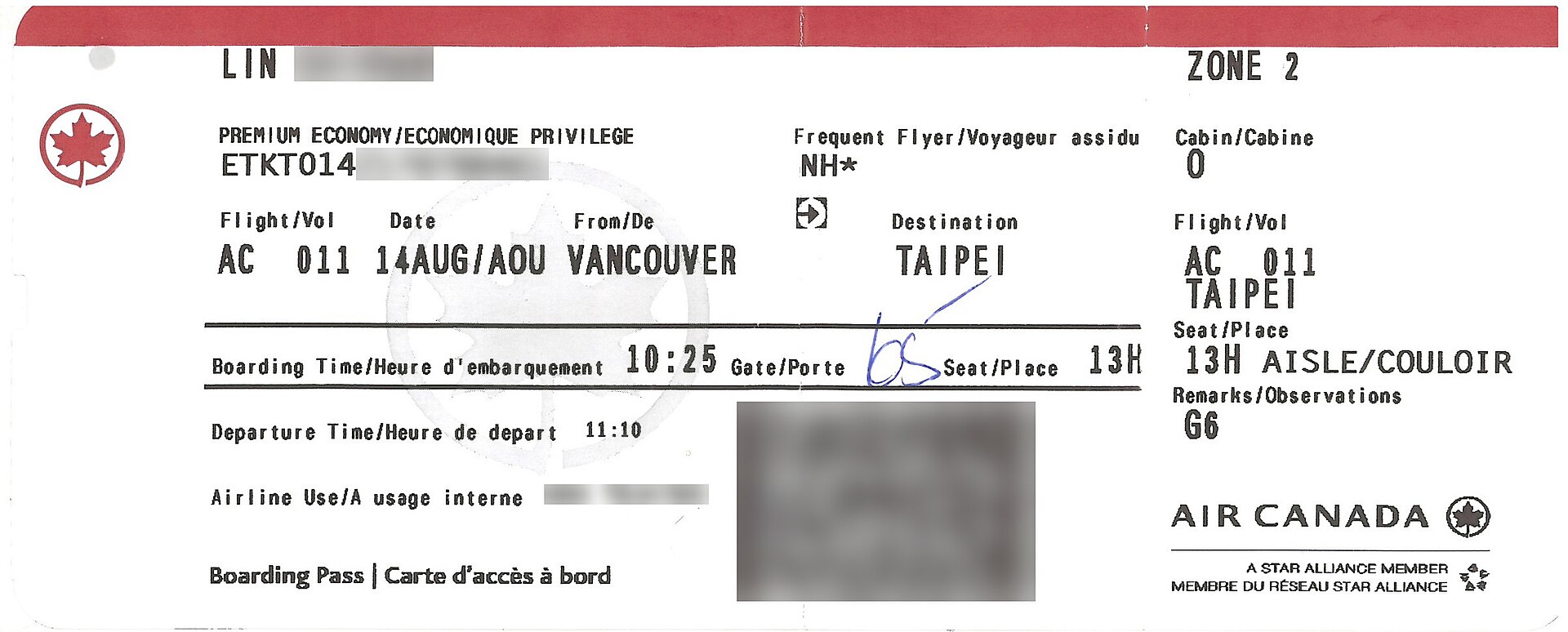 A boarding pass for an international flight