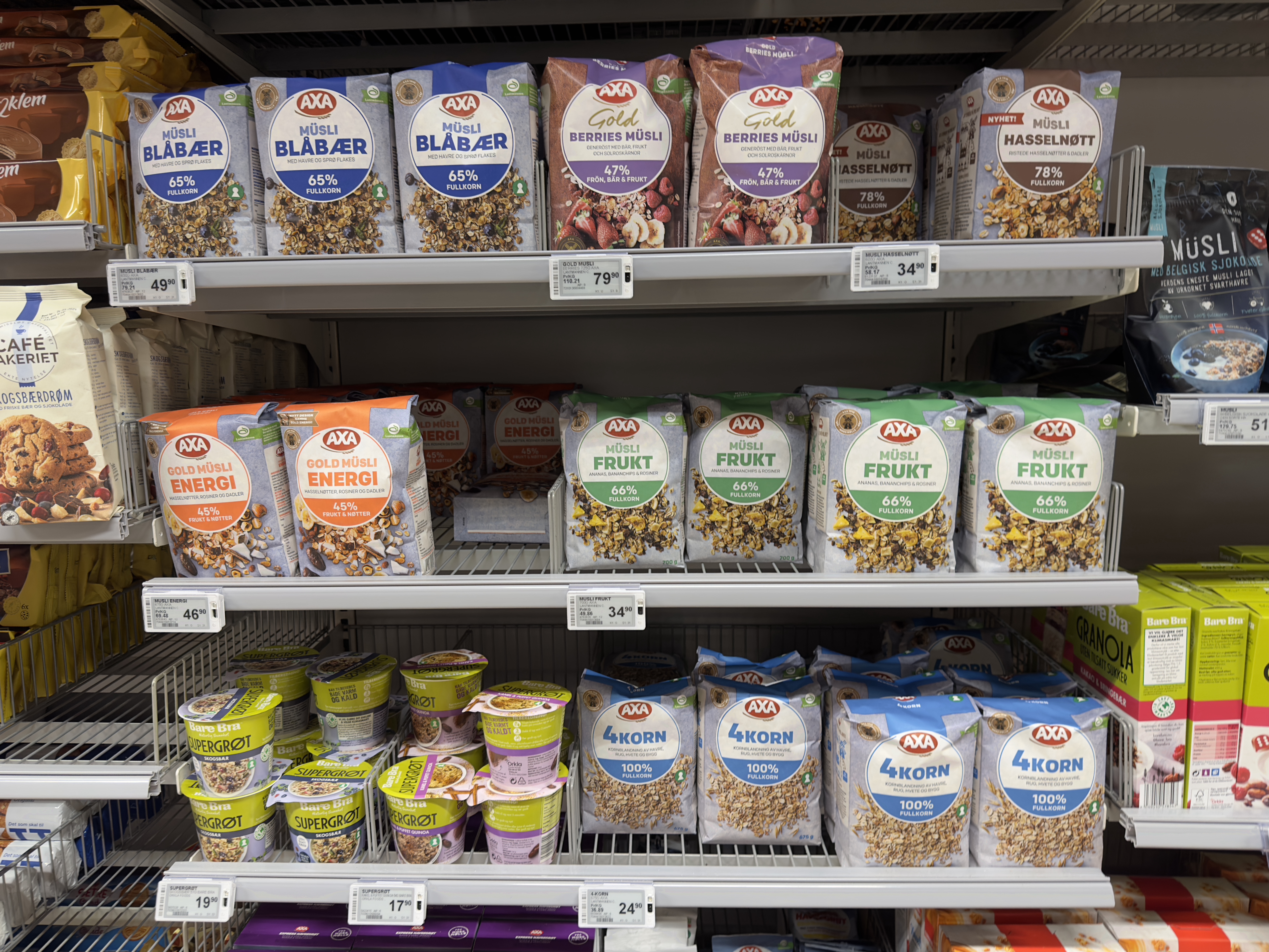 A supermarket aisle full of boxed breakfast cereals, a named ultra-processed food