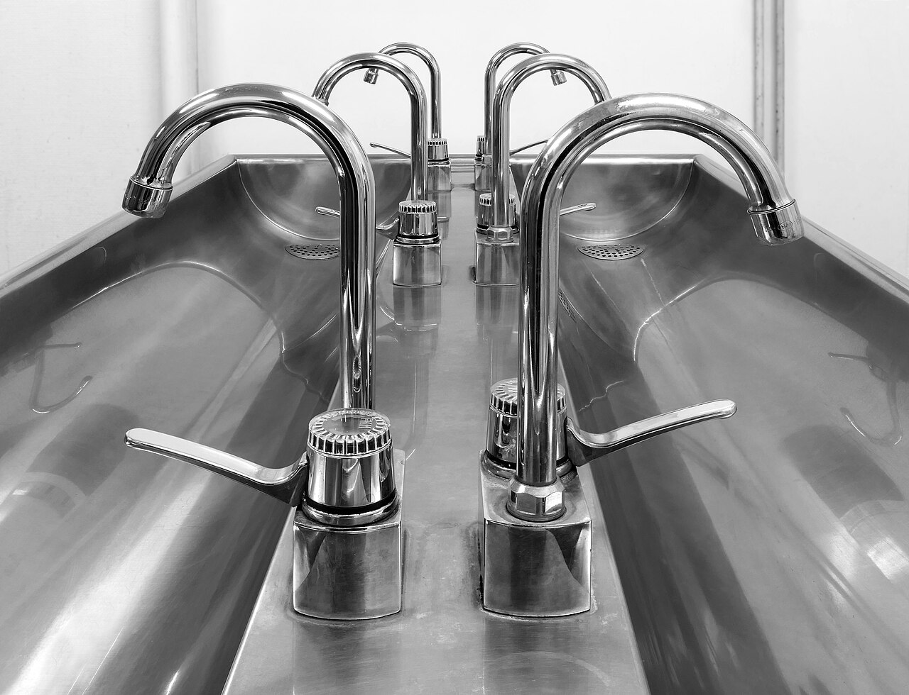 A stainless sink and taps, shown in black and white