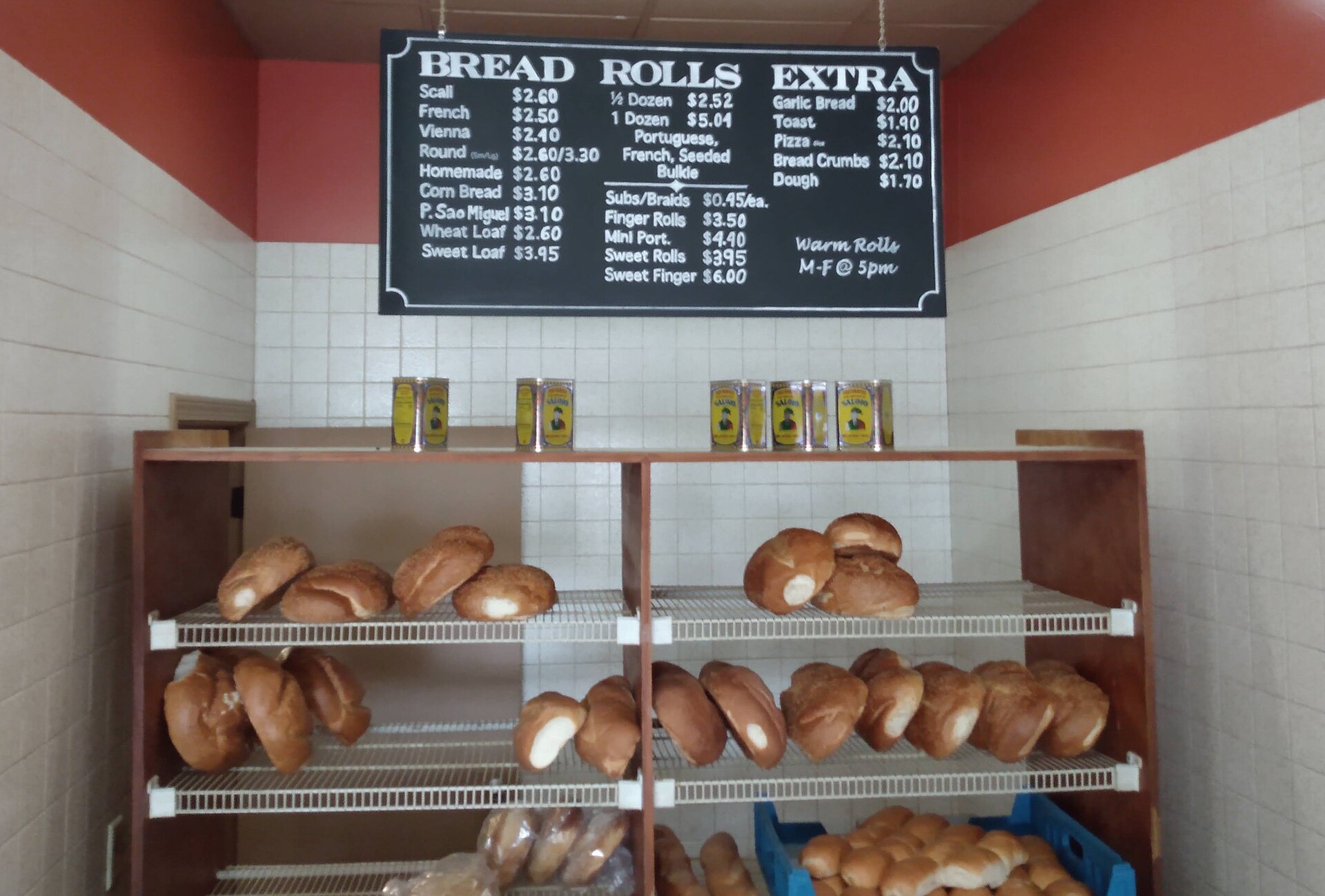 Fresh loaves on display at a bakery