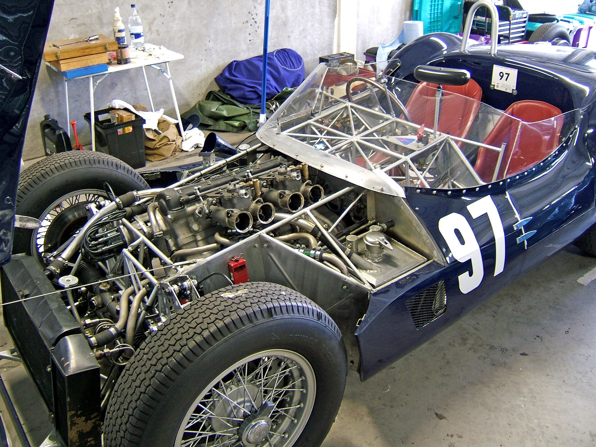 Engine bay of a classic Maserati T61 race car