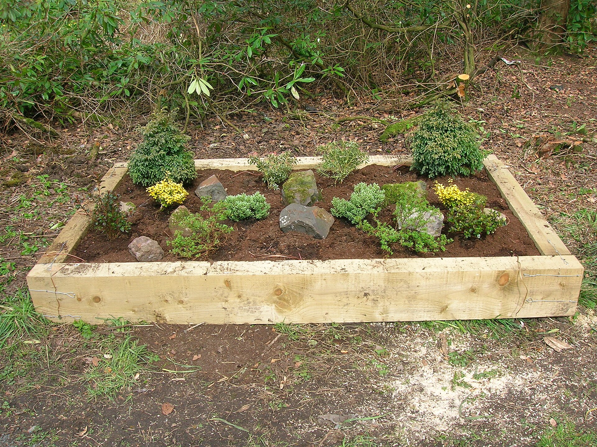 A raised flower bed in a garden