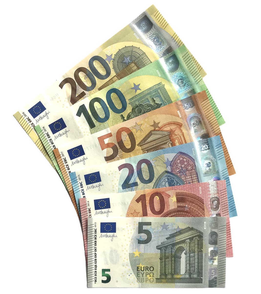Euro banknotes of the Europa series in several denominations