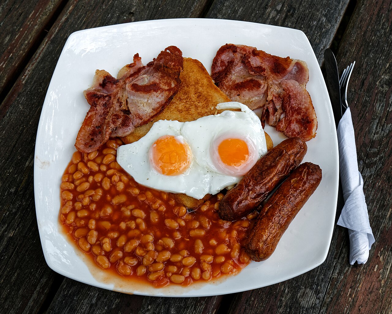 A full breakfast with eggs, beans, and toast