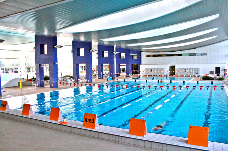 Indoor swimming pool with marked lanes