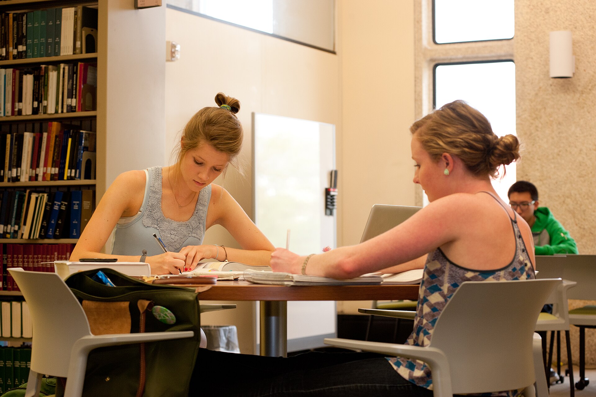 Two students studying at a table in a library