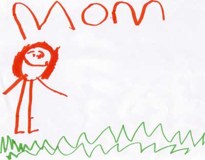 A child's drawing taped to a wall