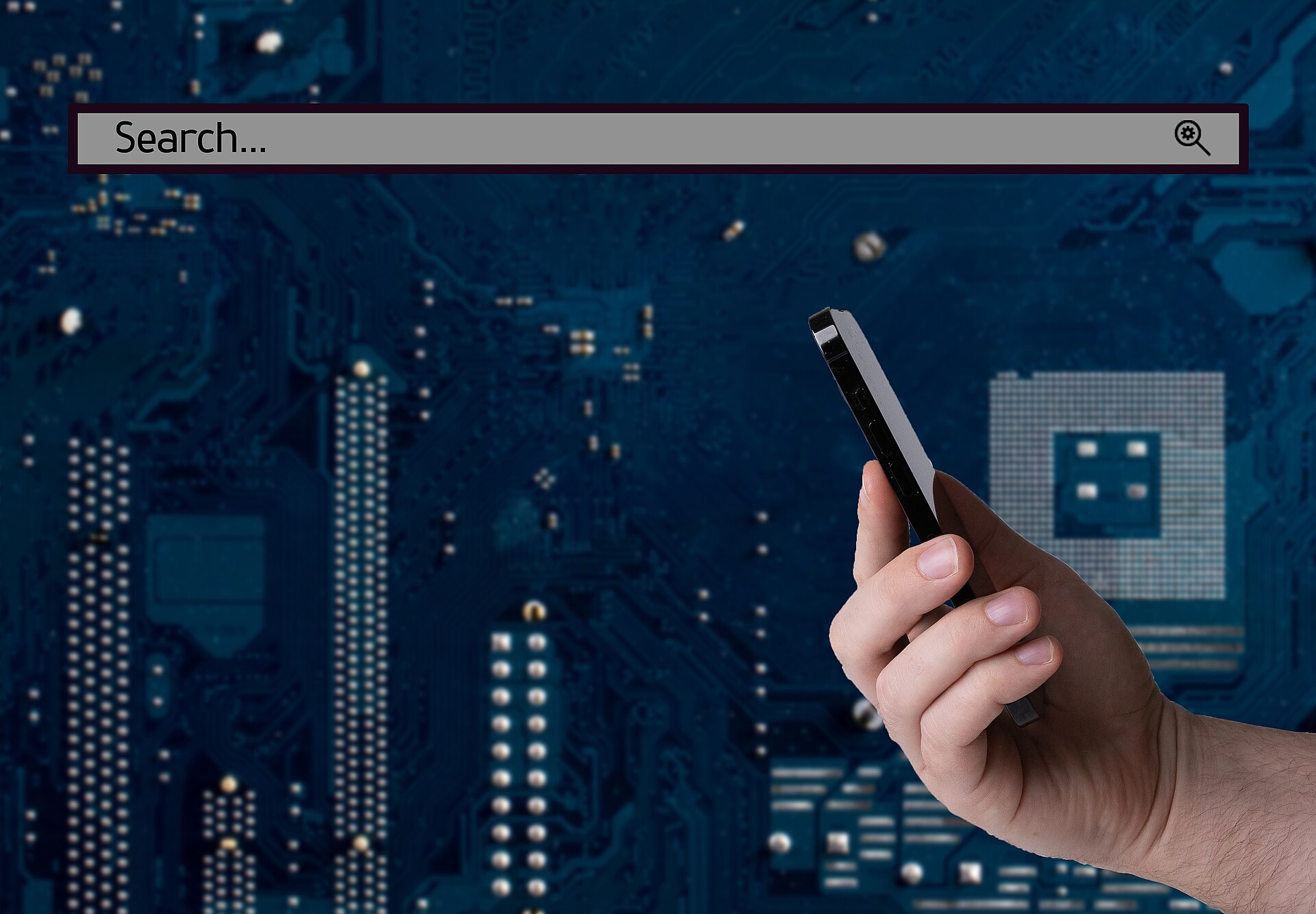 A hand holding a smartphone against a circuit board background with a search bar