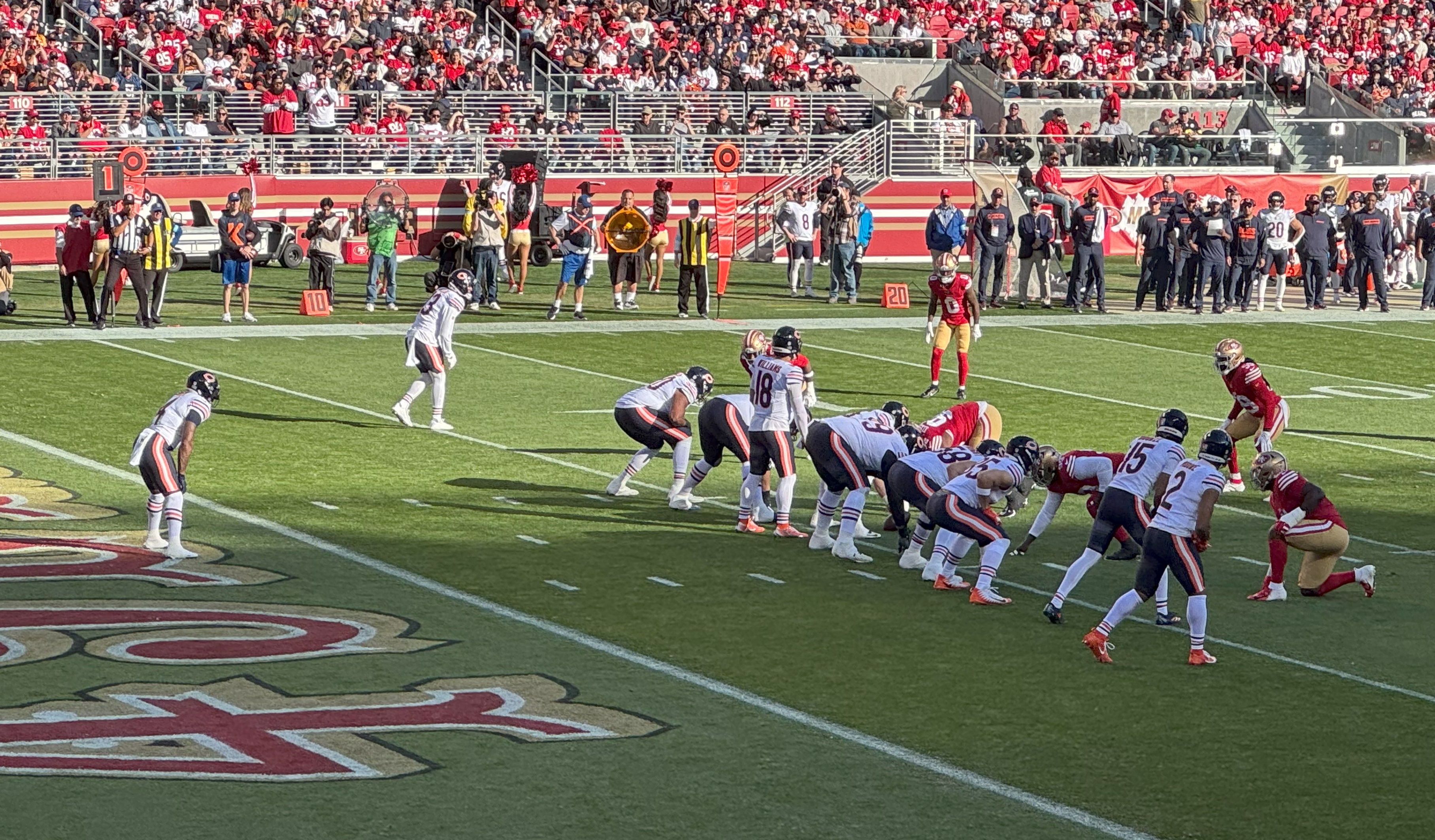 The Chicago Bears offense lines up before a play