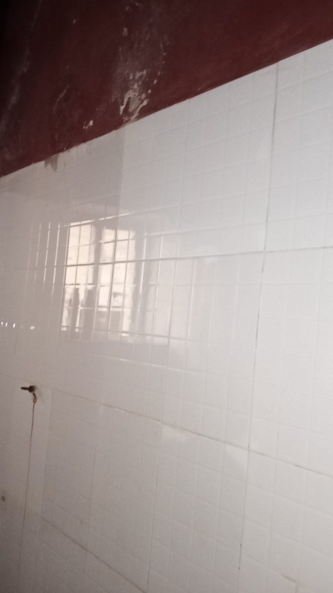 White bathroom wall tiles with grout lines and staining near the top