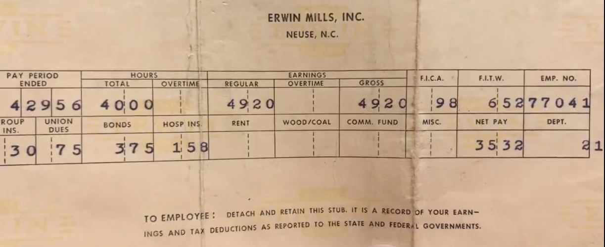 A 1956 pay stub showing gross pay and net pay