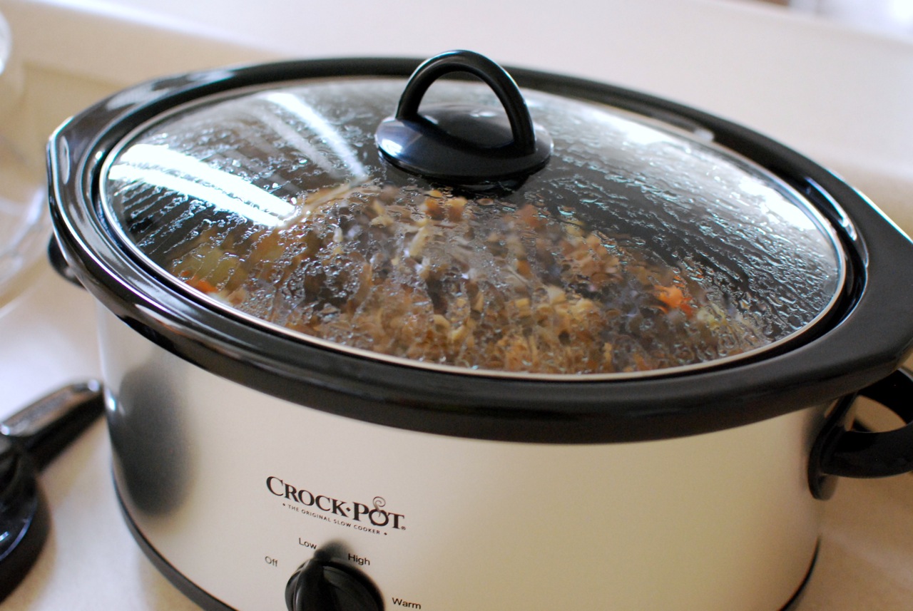 A slow cooker on a kitchen counter