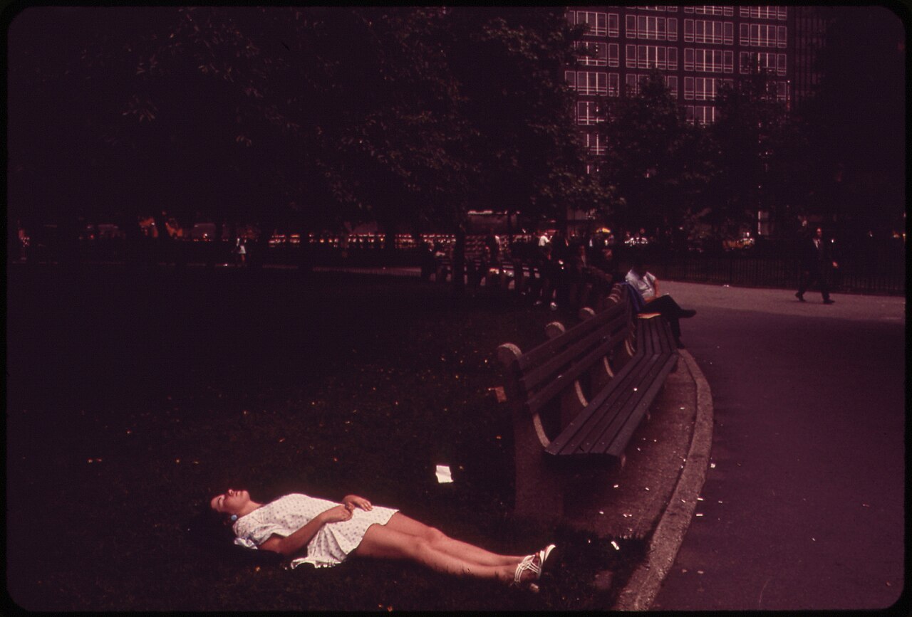 A person napping on a bench in a park at lunchtime