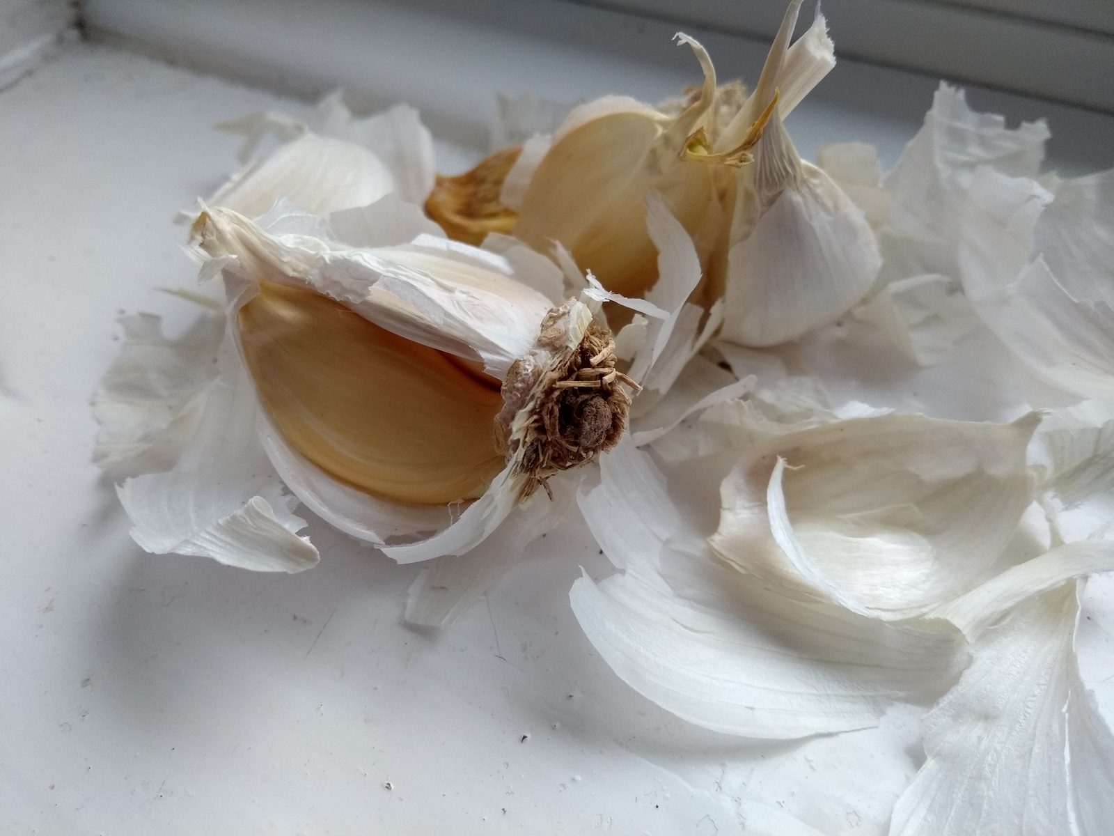 Garlic cloves arranged in a pile, showing their creamy white color