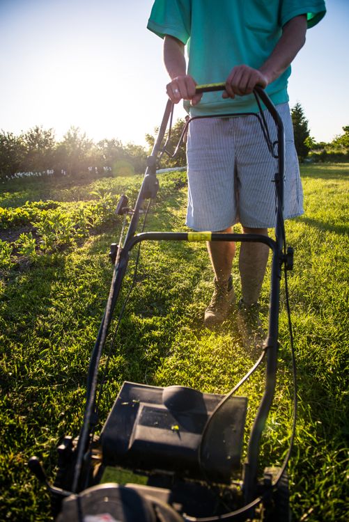 A person pushing a lawn mower across grass