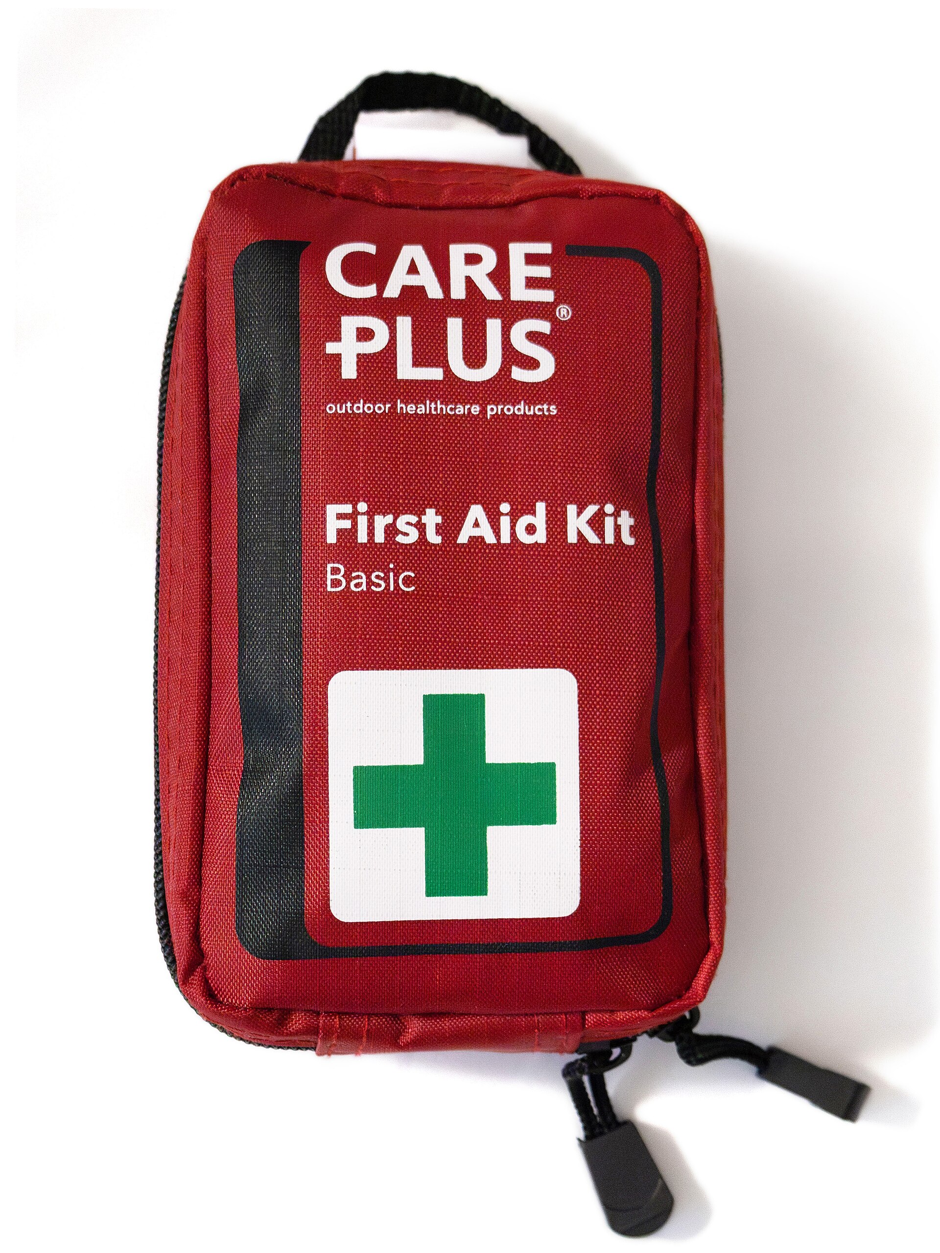 A red zippered first aid kit pouch with a green cross