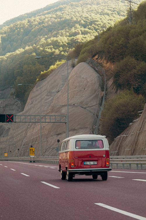 A van on a highway during a road trip