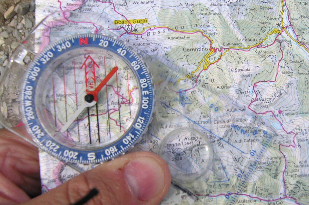 A diagram showing a compass placed on a map to take a bearing