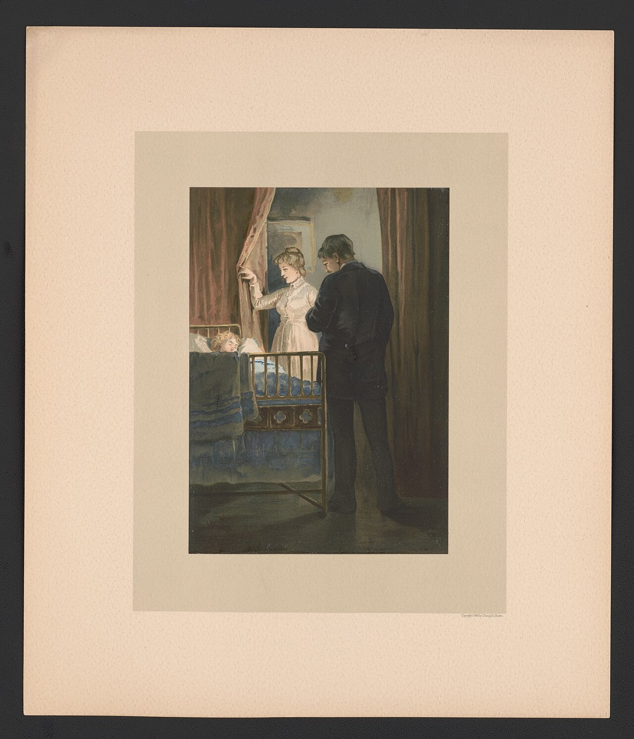 Vintage illustration of parents looking in on a sleeping child in bed