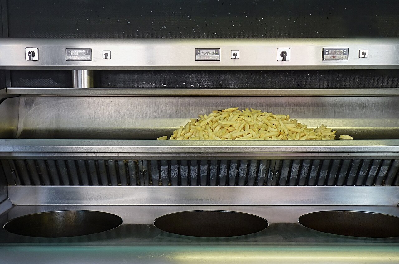 Chips cook in a deep fryer basket