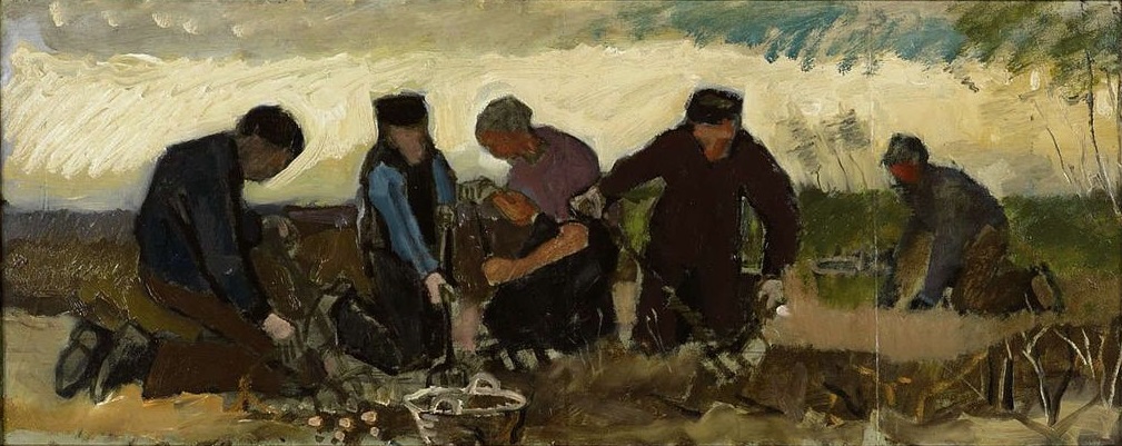 Five figures digging potatoes in a field, in a painting