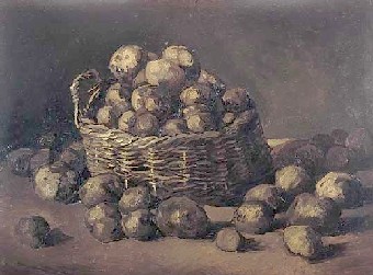 A basket of freshly dug potatoes with loose potatoes beside it, in a painting