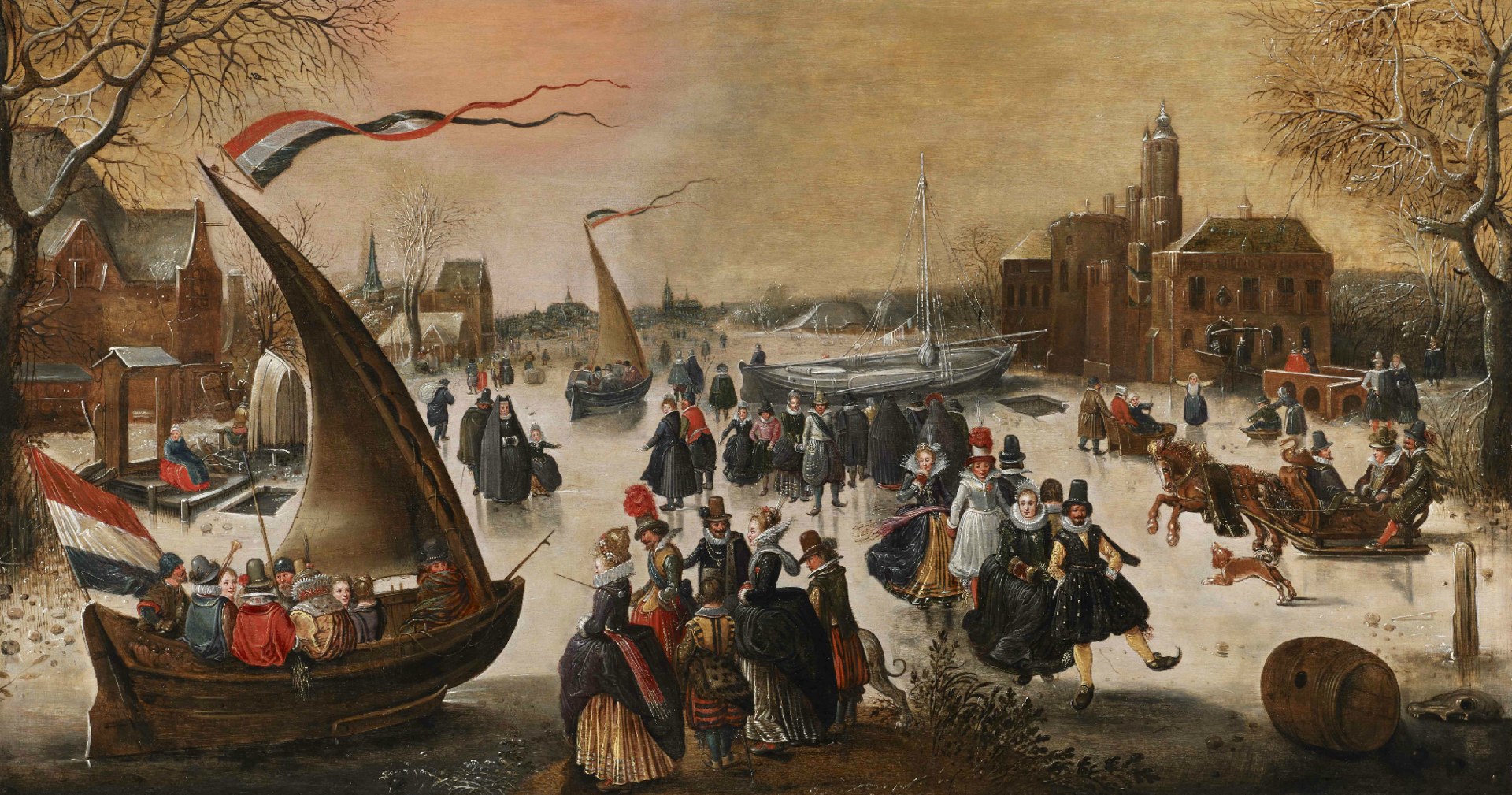 A winter scene with skaters on a frozen lake