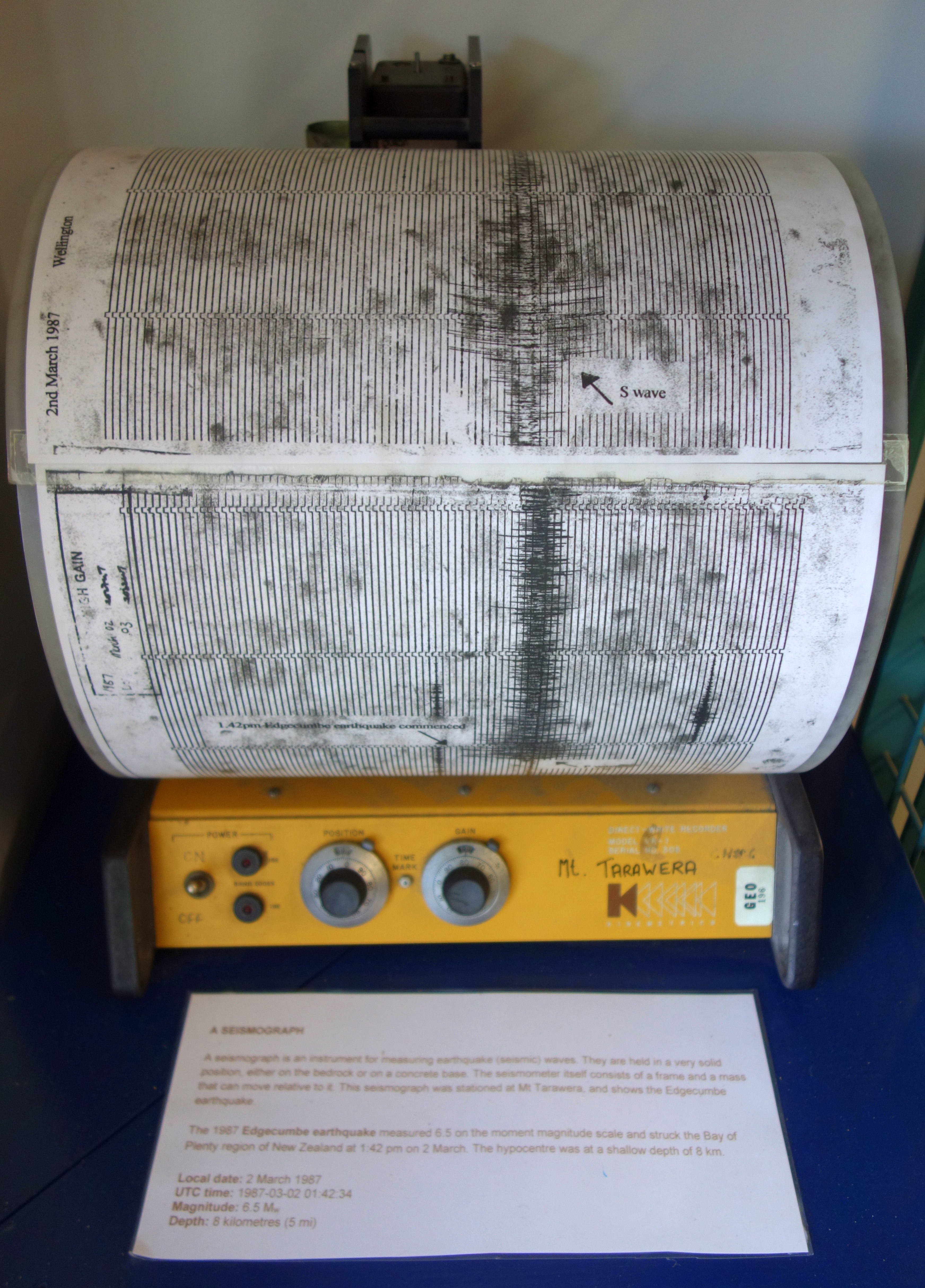 A seismograph with a record of a past earthquake
