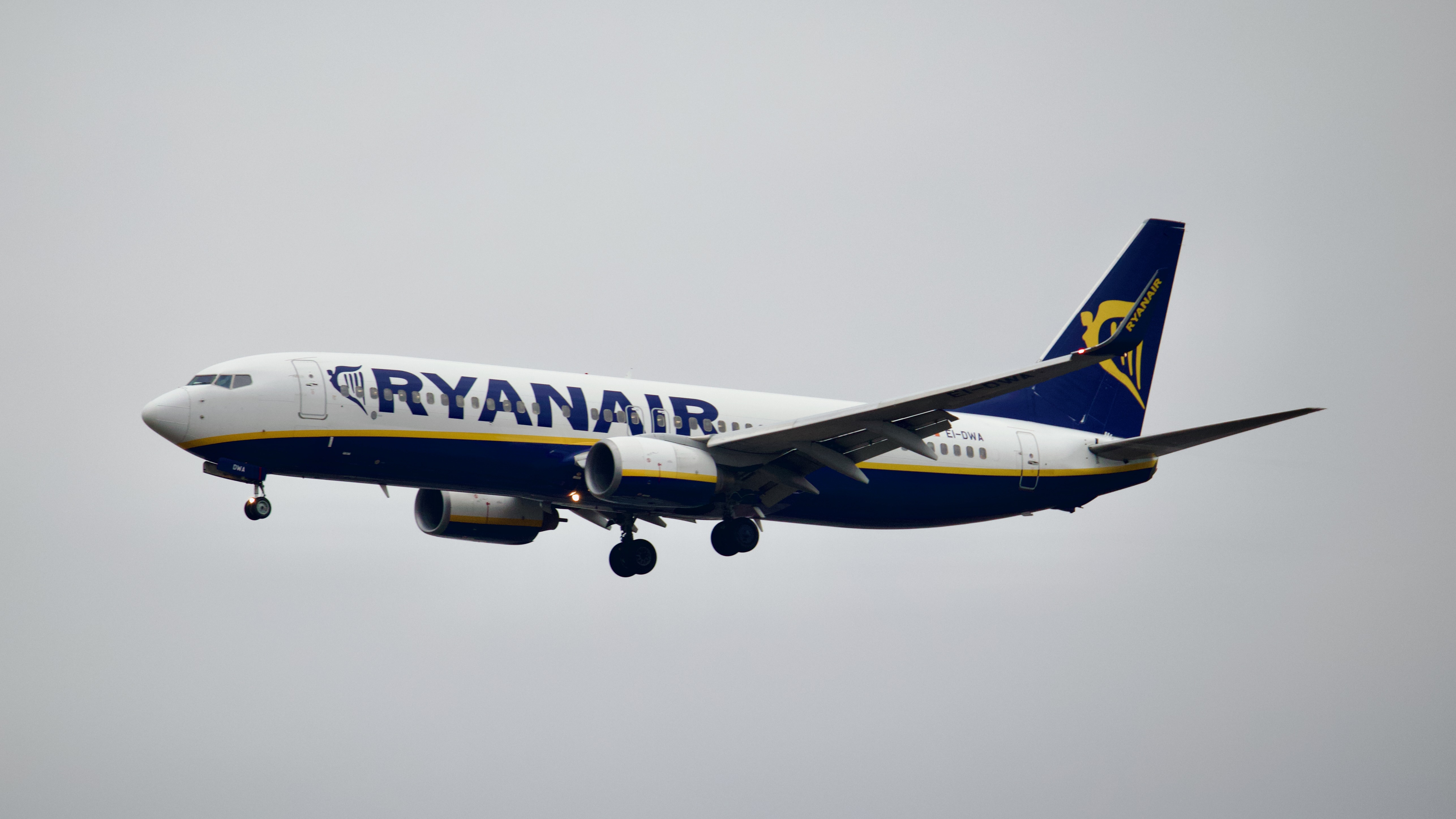 A Ryanair Boeing 737 on the ground at an airport