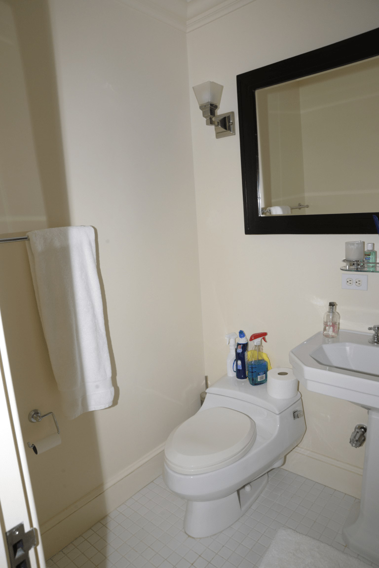 A small bathroom with cleaning supplies on the tank