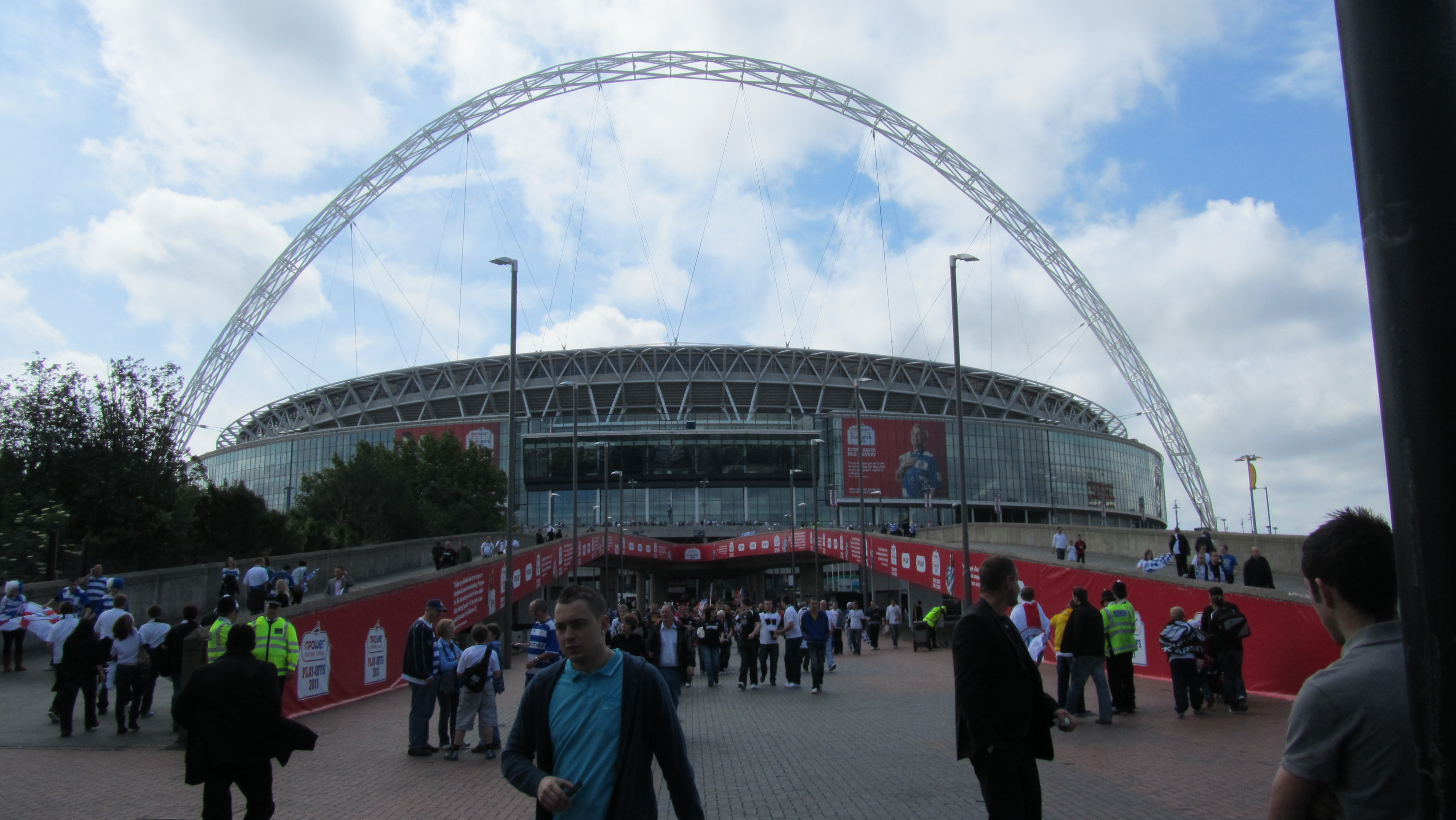 Wembley Stadium in London, with its big white arch over the stands