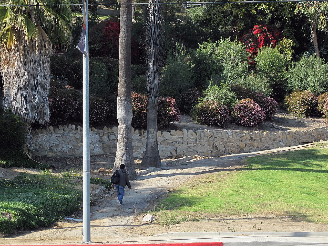 A man walks up a path at the entrance to Elysian Park in Los Angeles