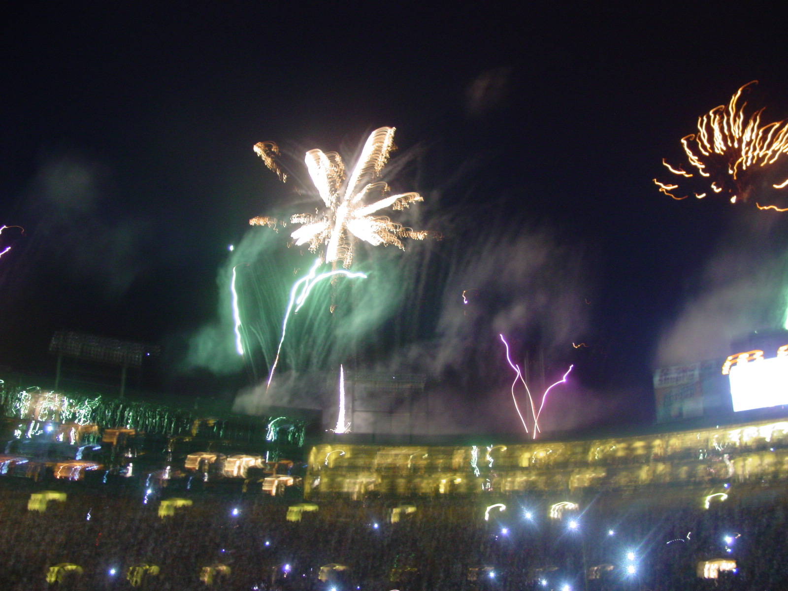Fireworks light up Lambeau Field at night
