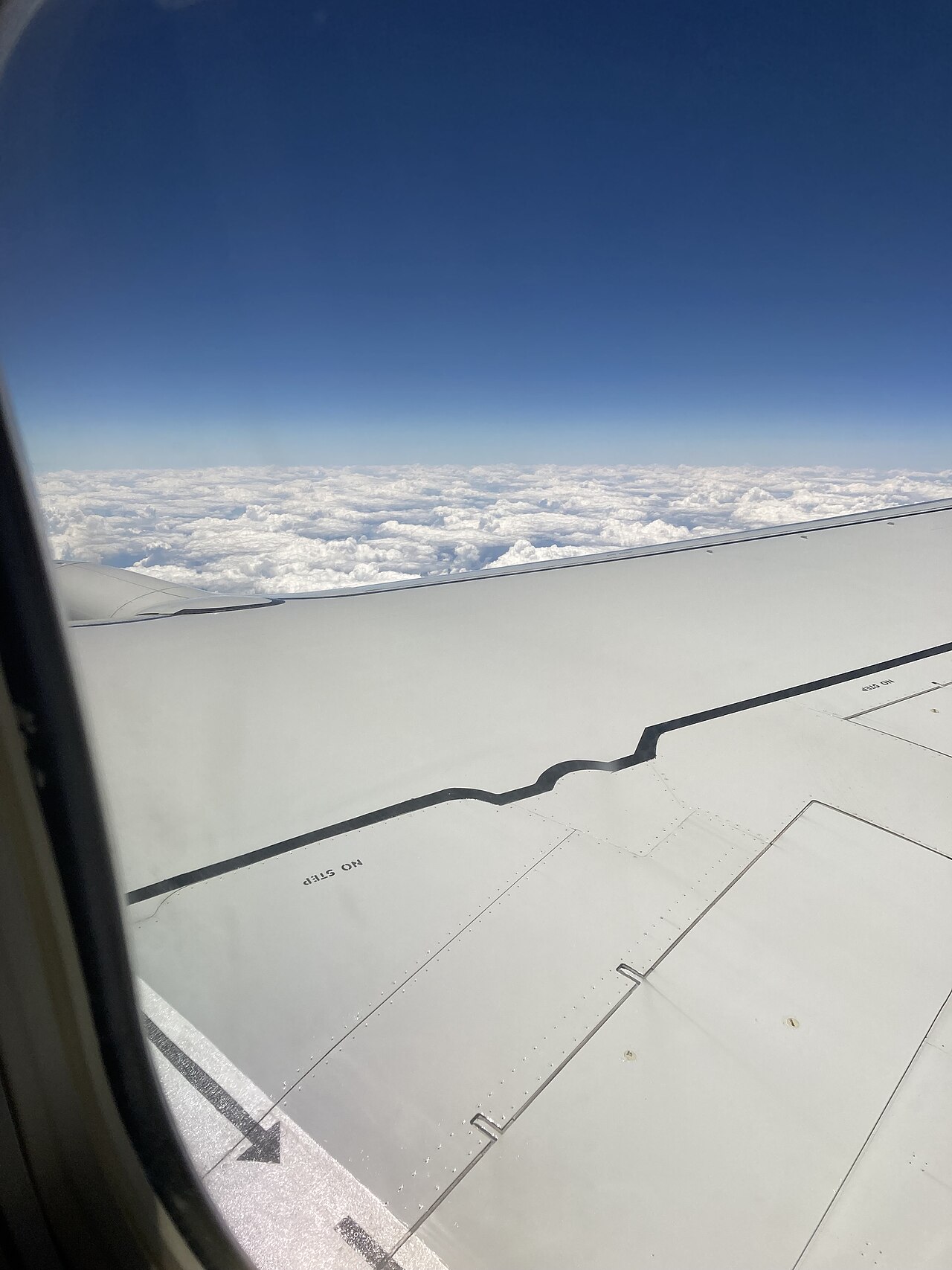 Clouds and an airplane wing seen from above