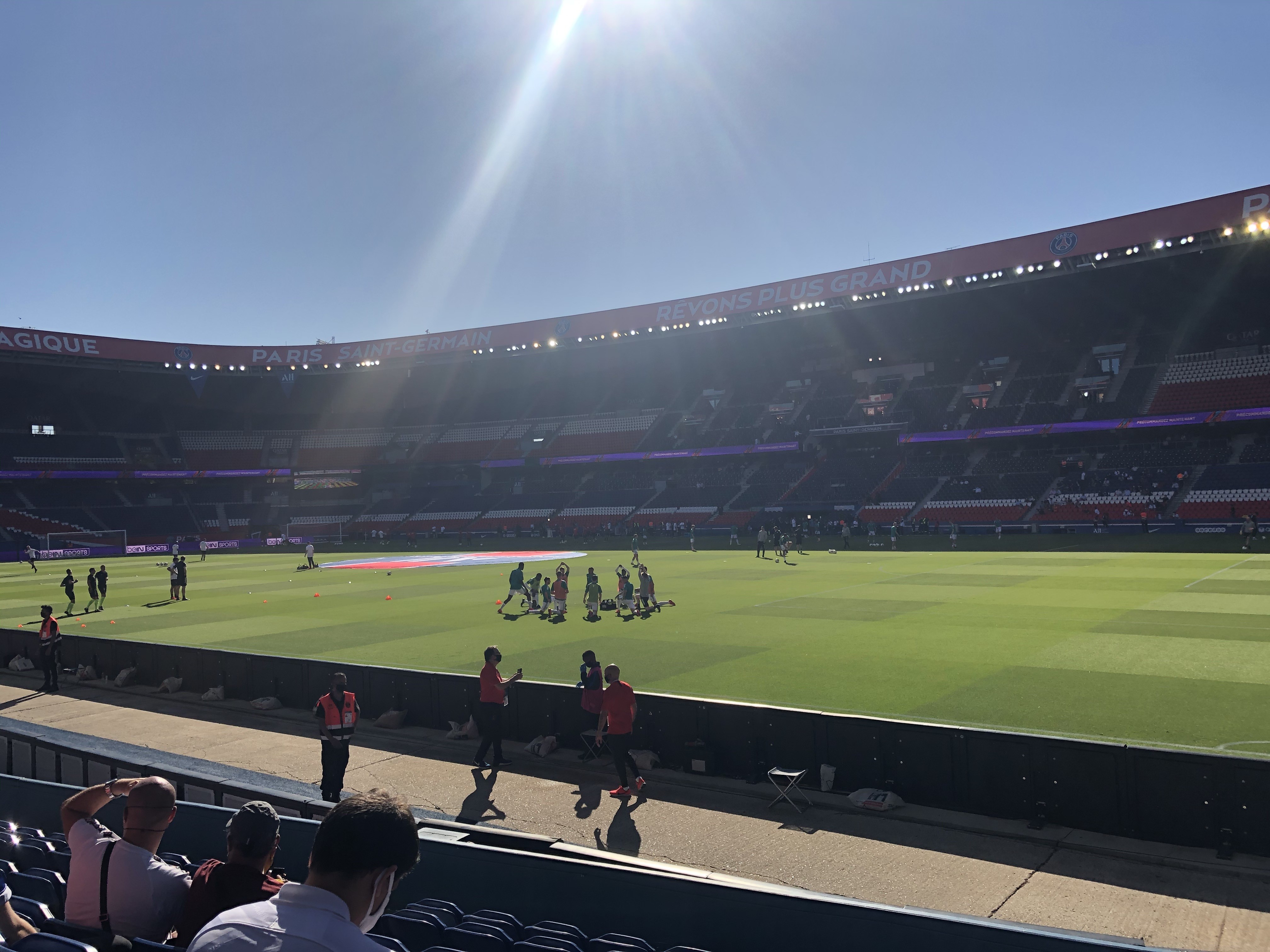 Players warming up at the Parc des Princes before a PSG home game