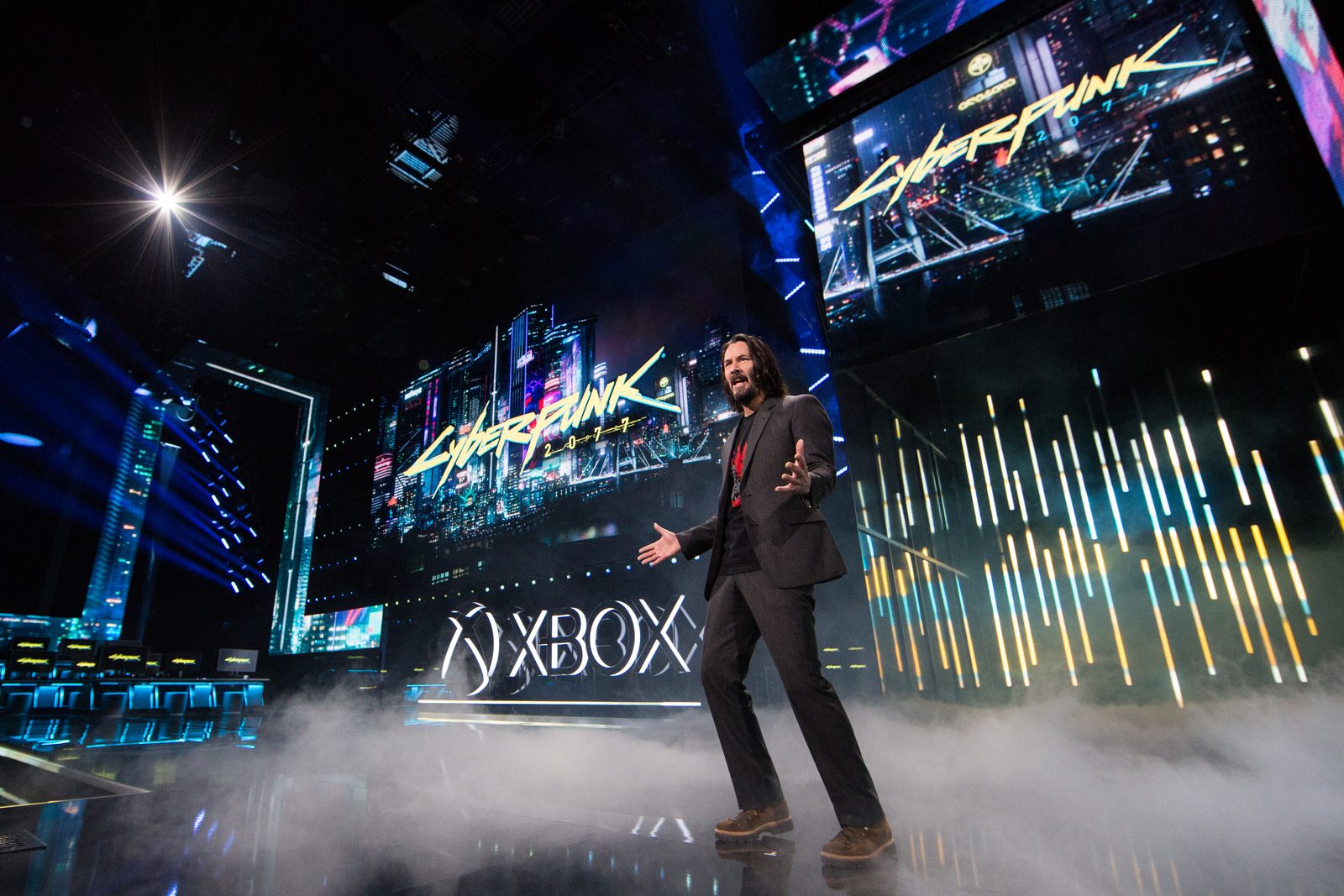 Keanu Reeves on stage at E3 2019 announcing his role in Cyberpunk 2077