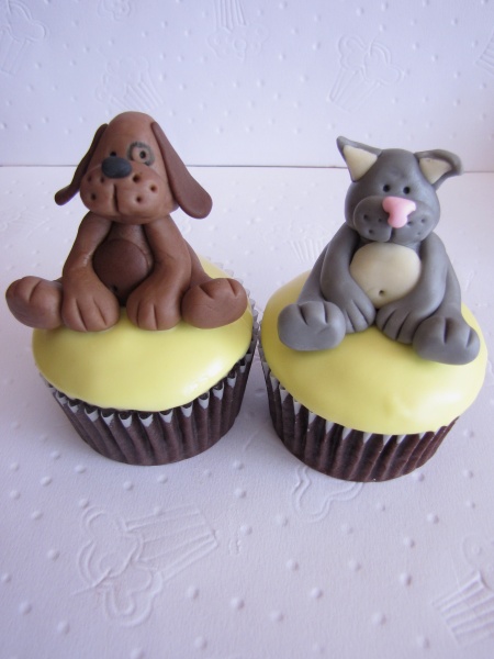 Chocolate cupcakes decorated with dog and cat figures