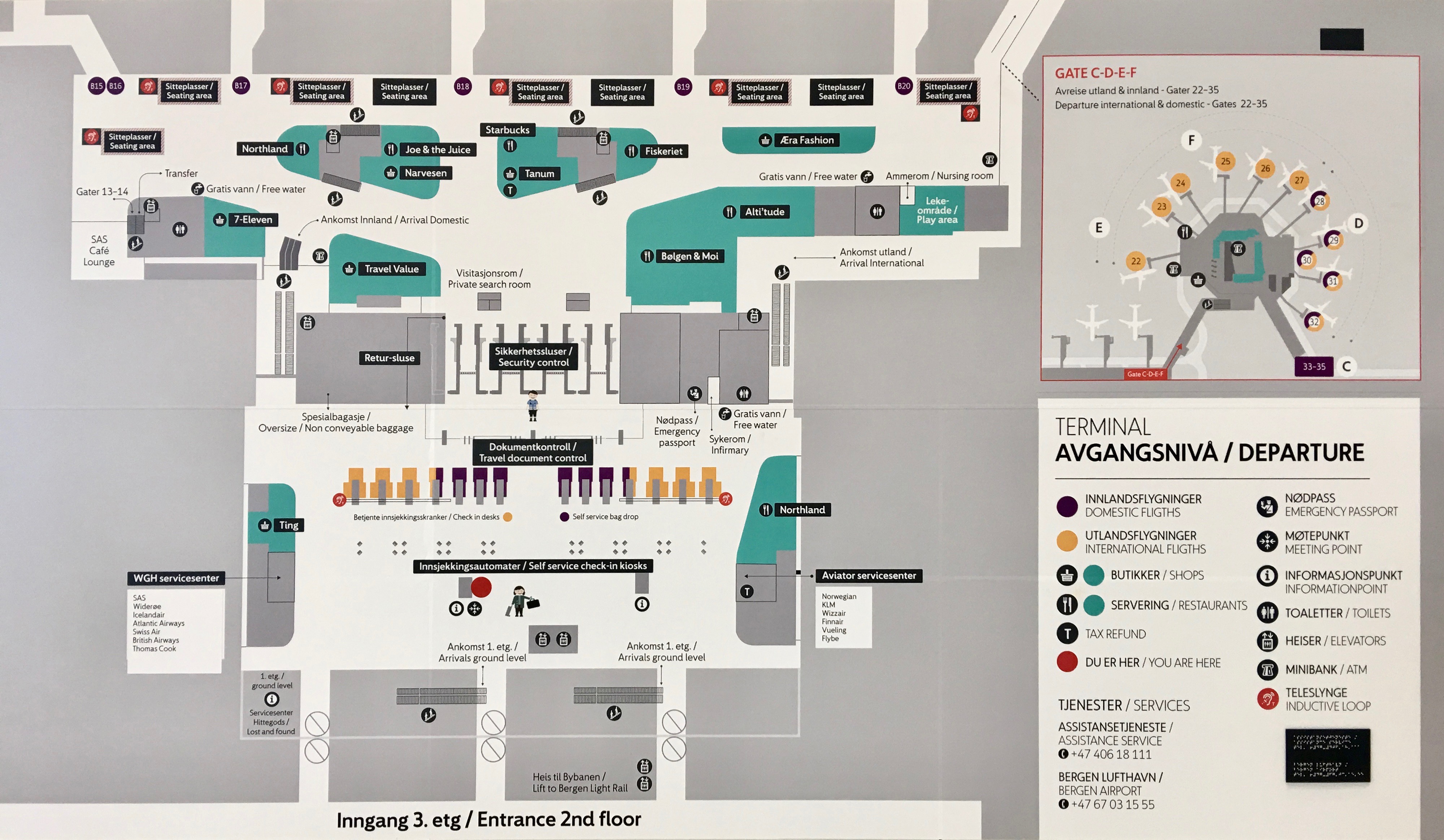 An airport floor plan and information board helping travelers find gates and services