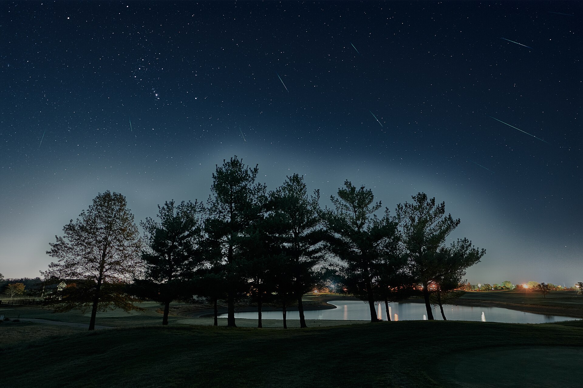 Meteor streaks cross a starry sky above trees and a pond