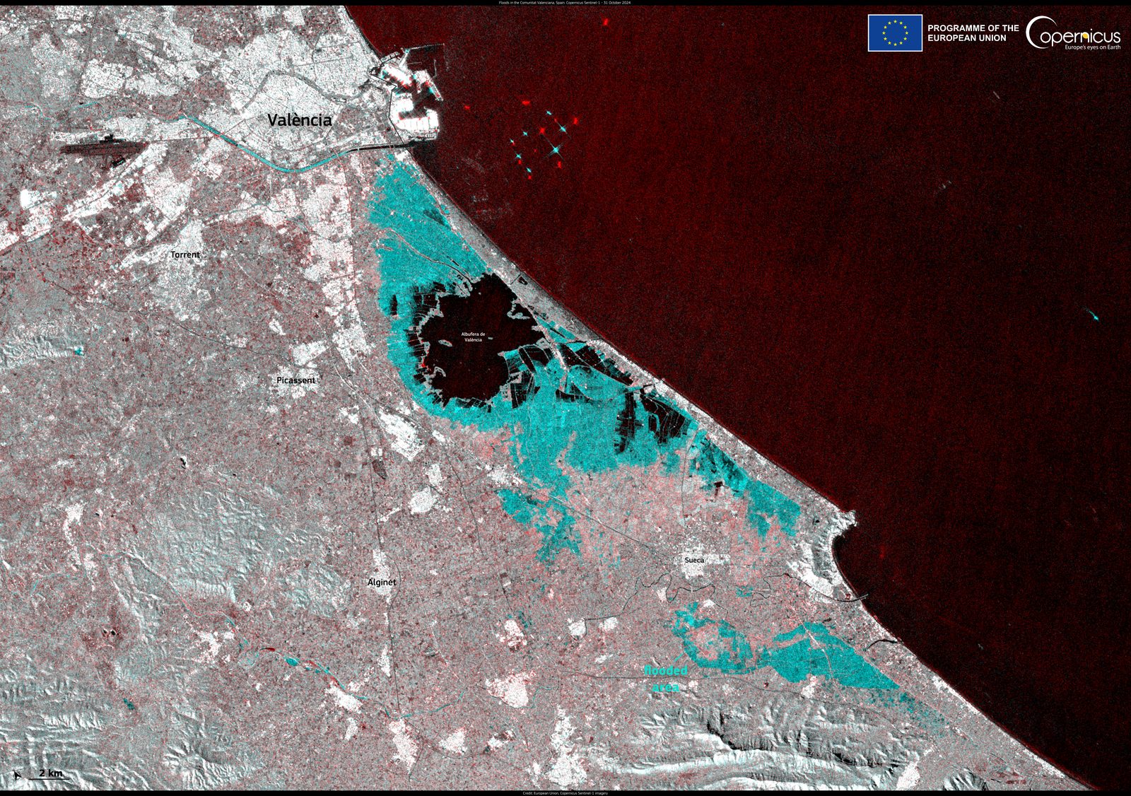 Satellite view of flooded land south of Valencia