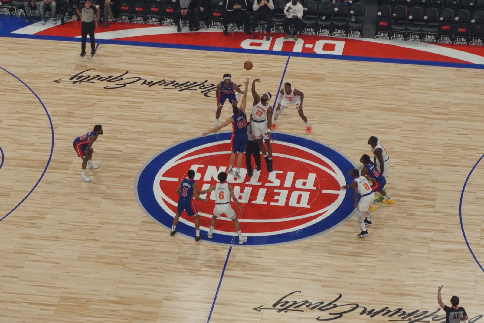 Opening tip at Little Caesars Arena in Detroit during a Pistons home game