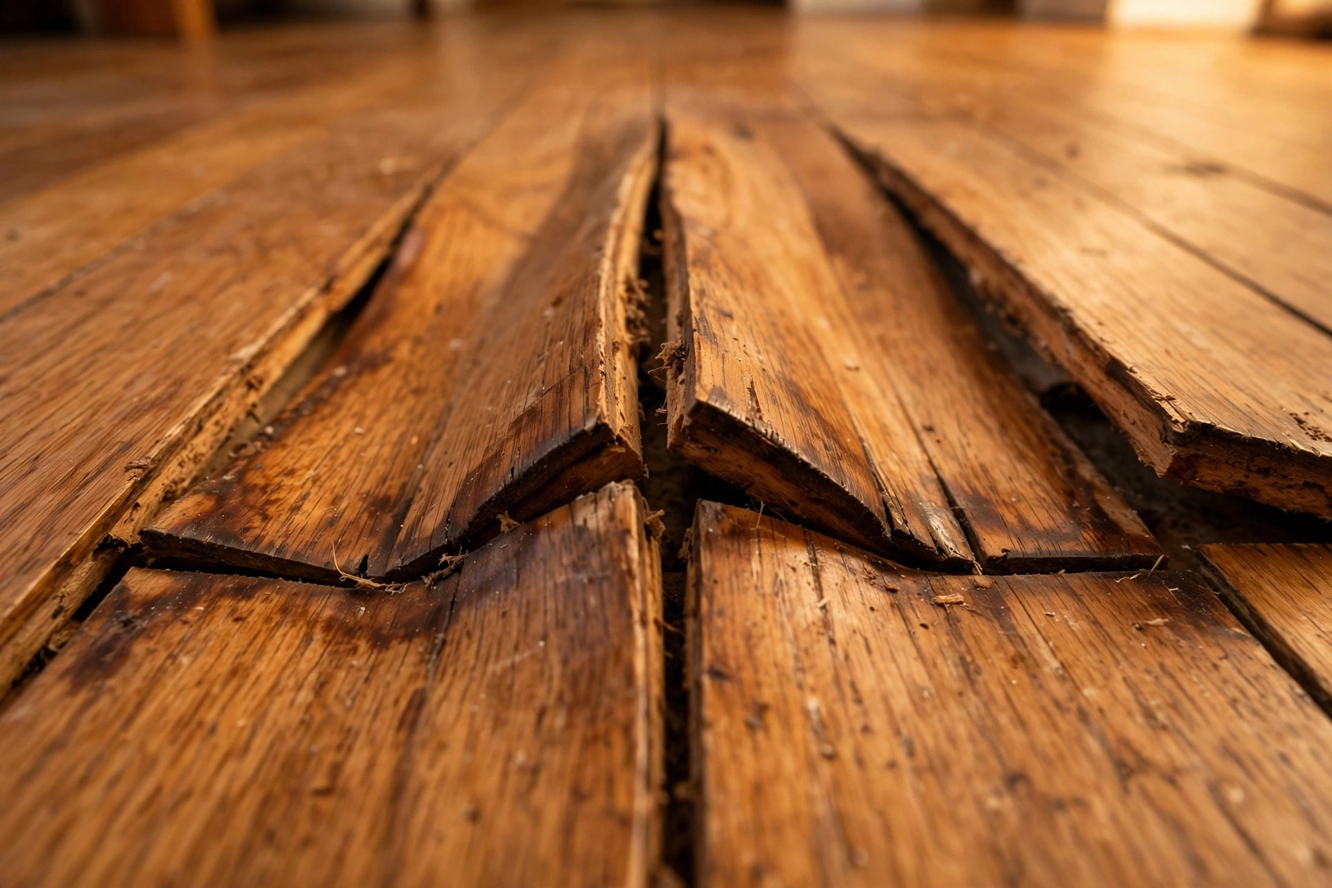 Swollen hardwood floorboards buckling upward at the seams