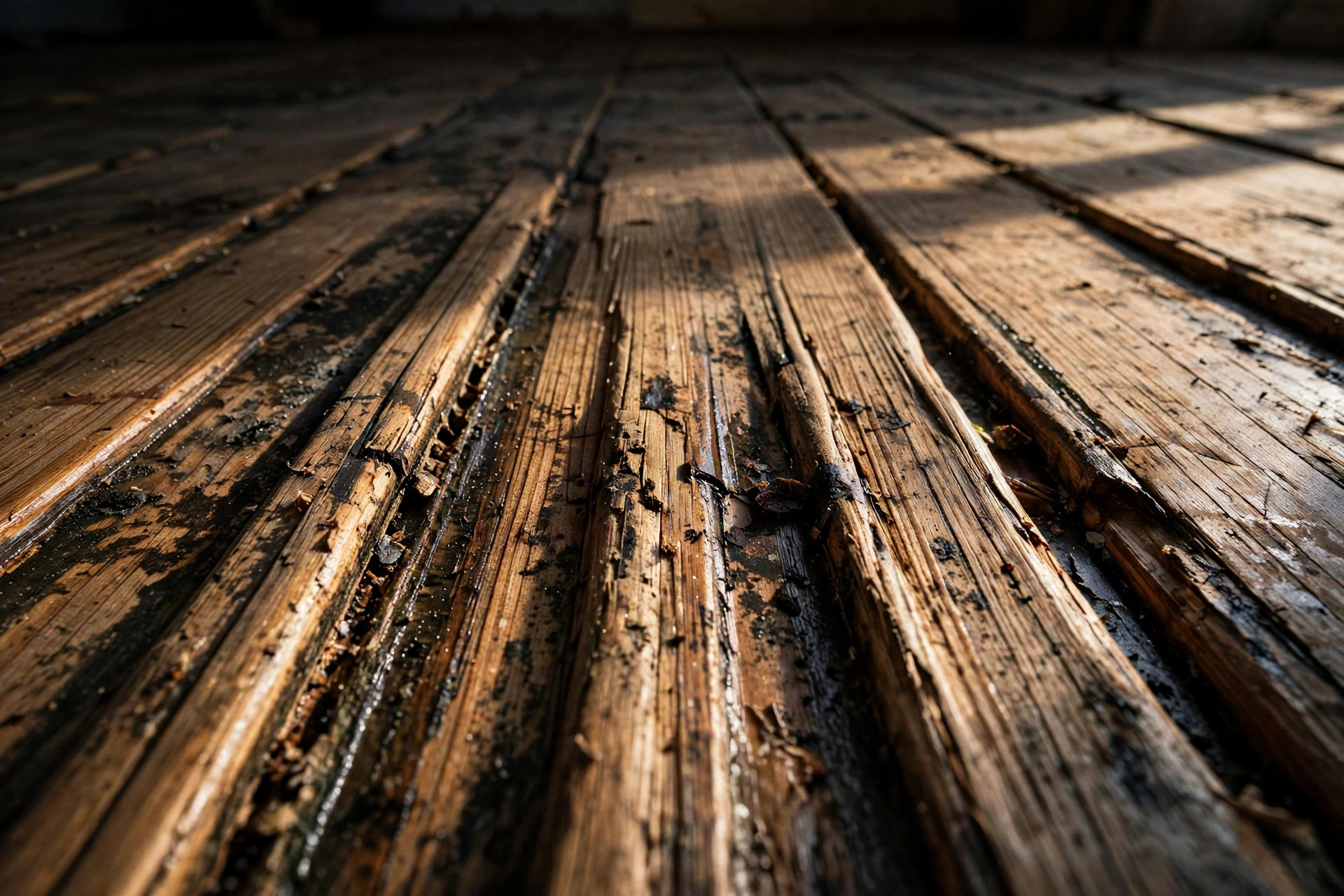 Cupped wooden floor planks with raised edges from moisture damage