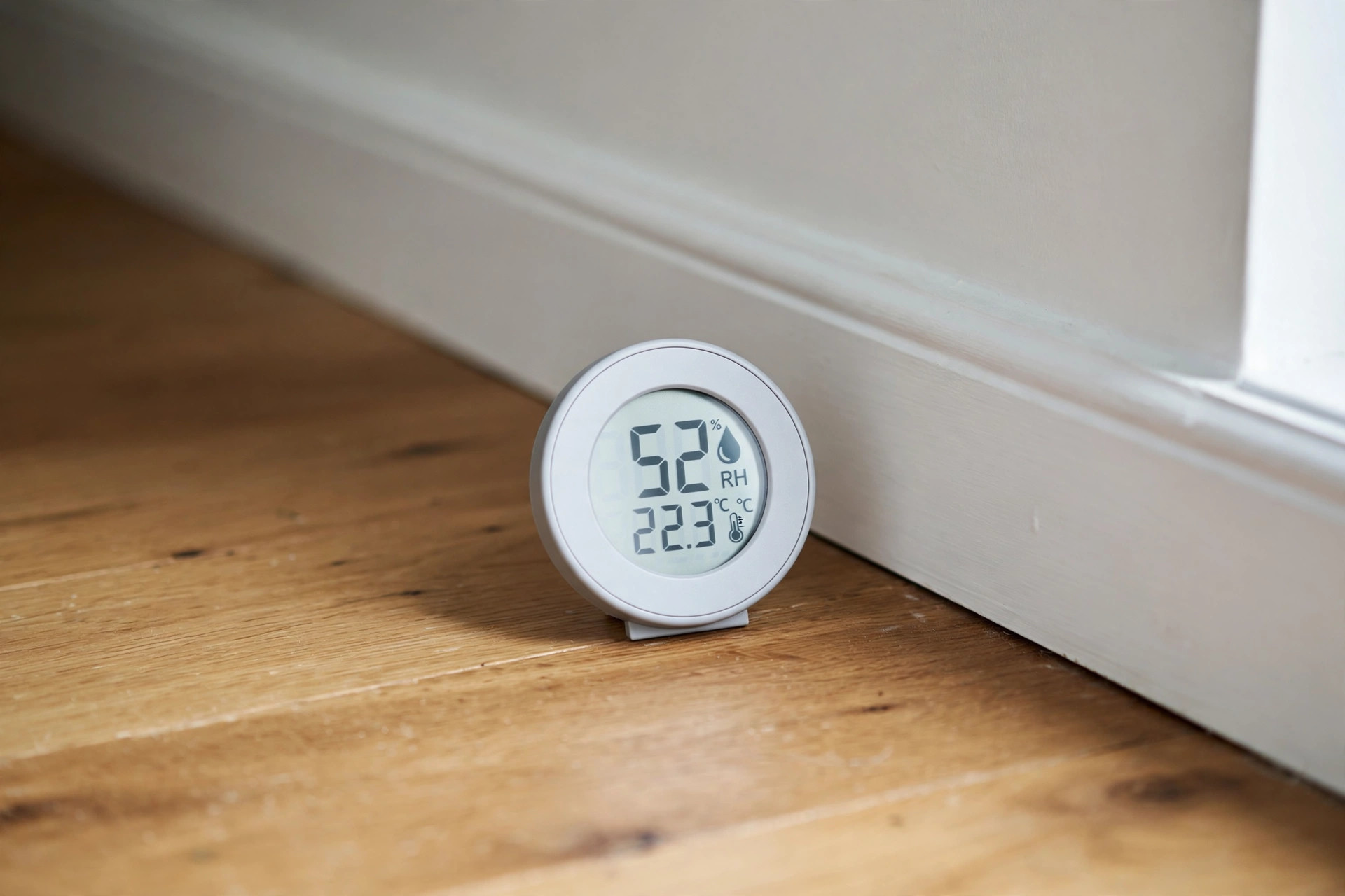 Digital hygrometer standing on a wooden floor beside a baseboard