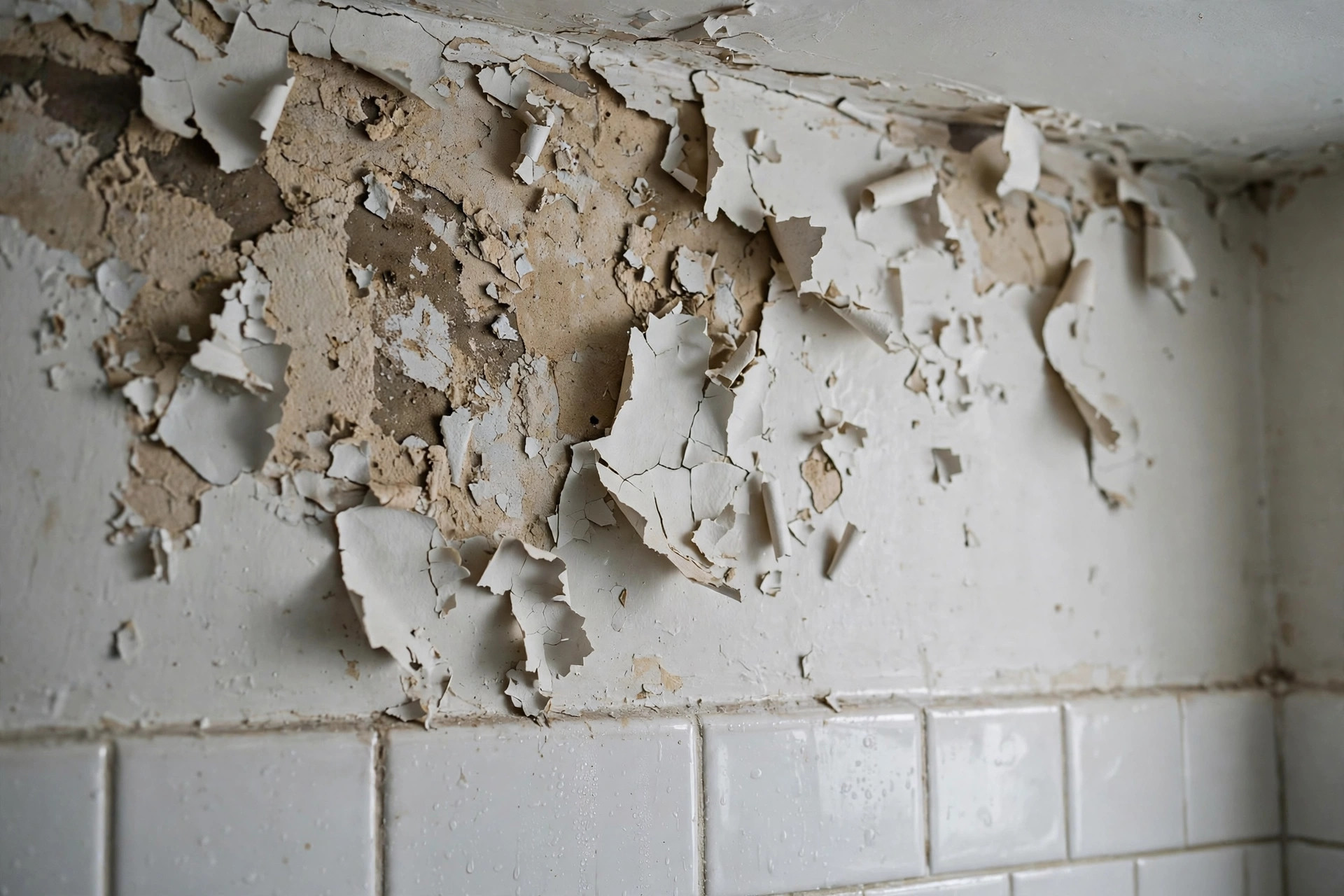 Bathroom wall with white paint peeling and flaking near the ceiling