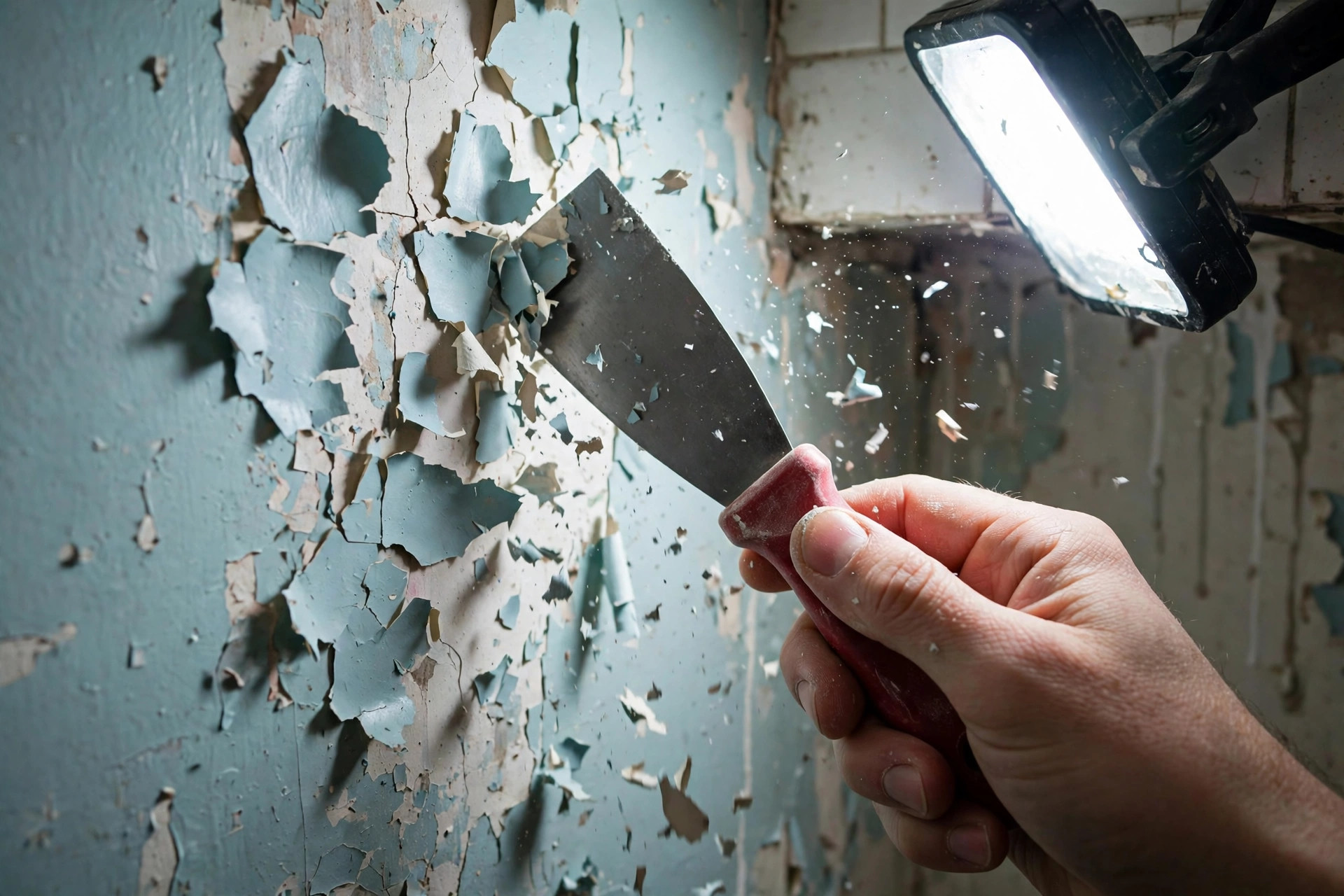 Hand scraping peeling paint from a bathroom wall with a putty knife