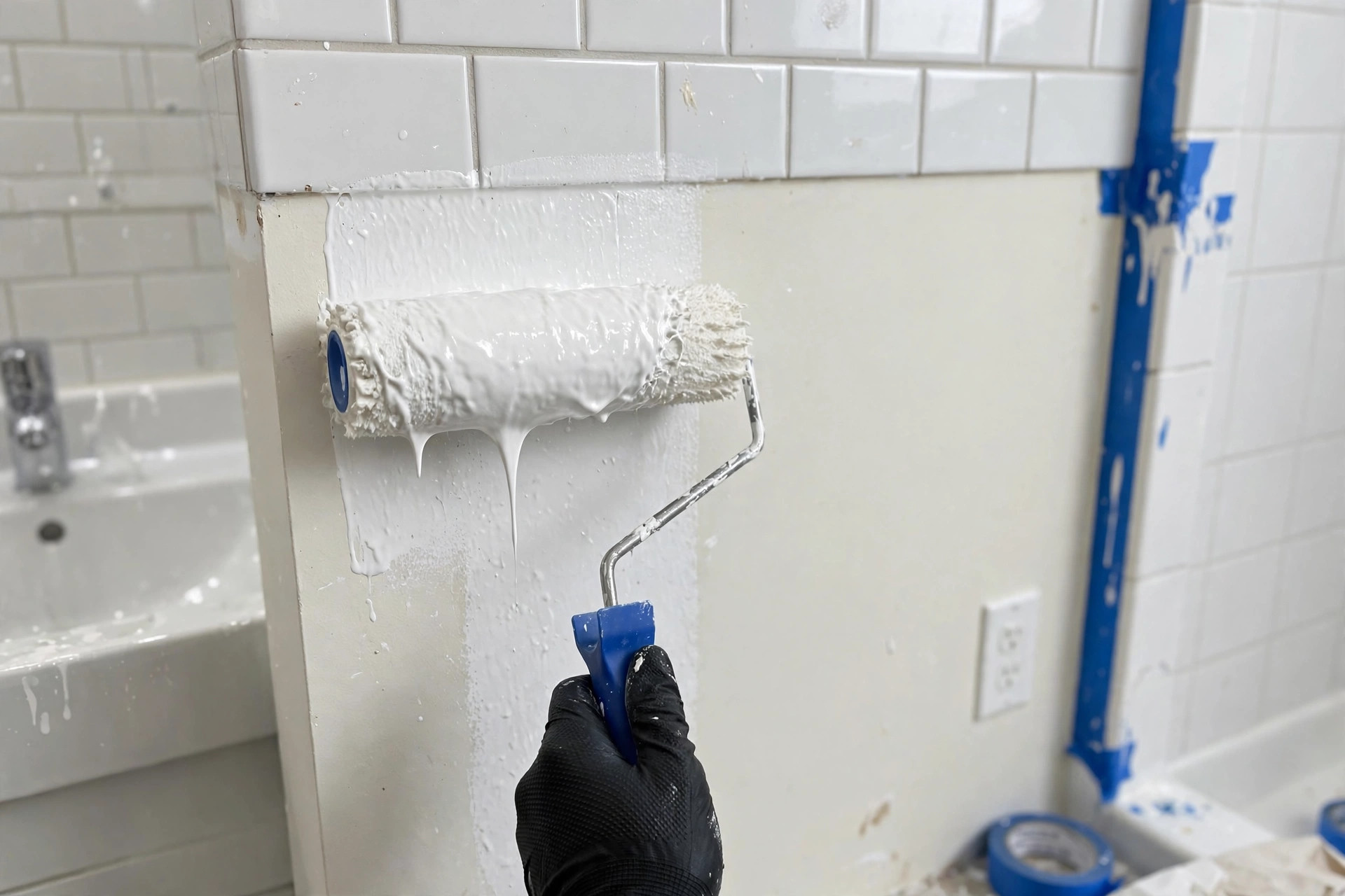 Paint roller applying fresh satin paint to a bathroom wall