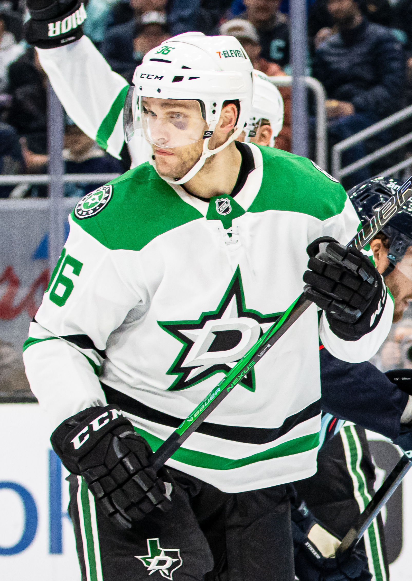 Mikko Rantanen skates with the puck during a game for the Dallas Stars