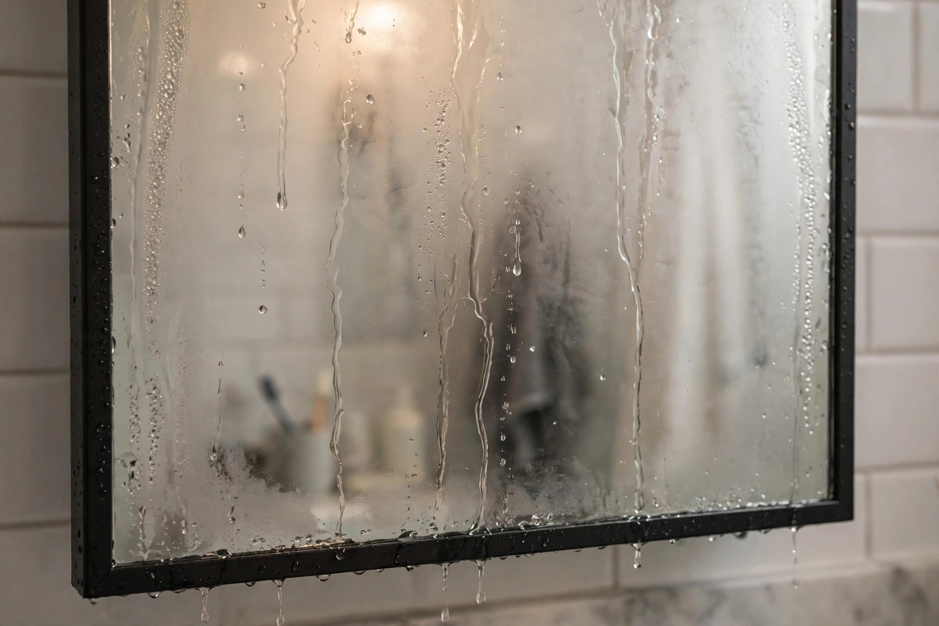 Bathroom mirror completely fogged with condensation after a shower