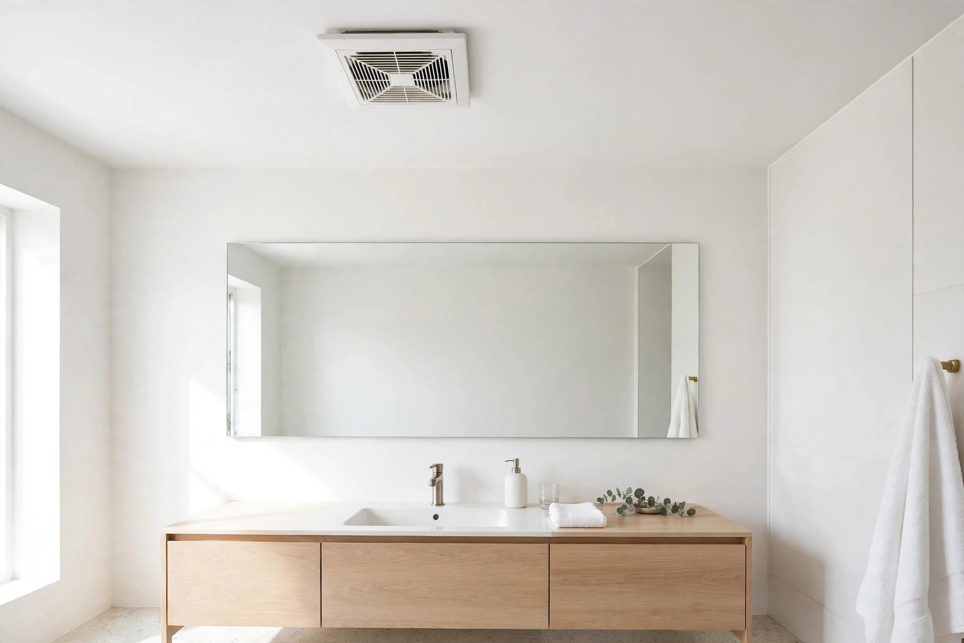 Modern bathroom with ceiling exhaust fan vent and clear mirror
